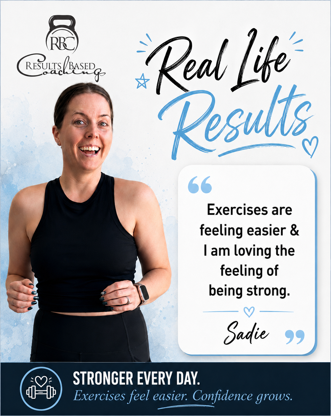 Screenshot of a five-star review from Sadie, a Women's Strength Training member