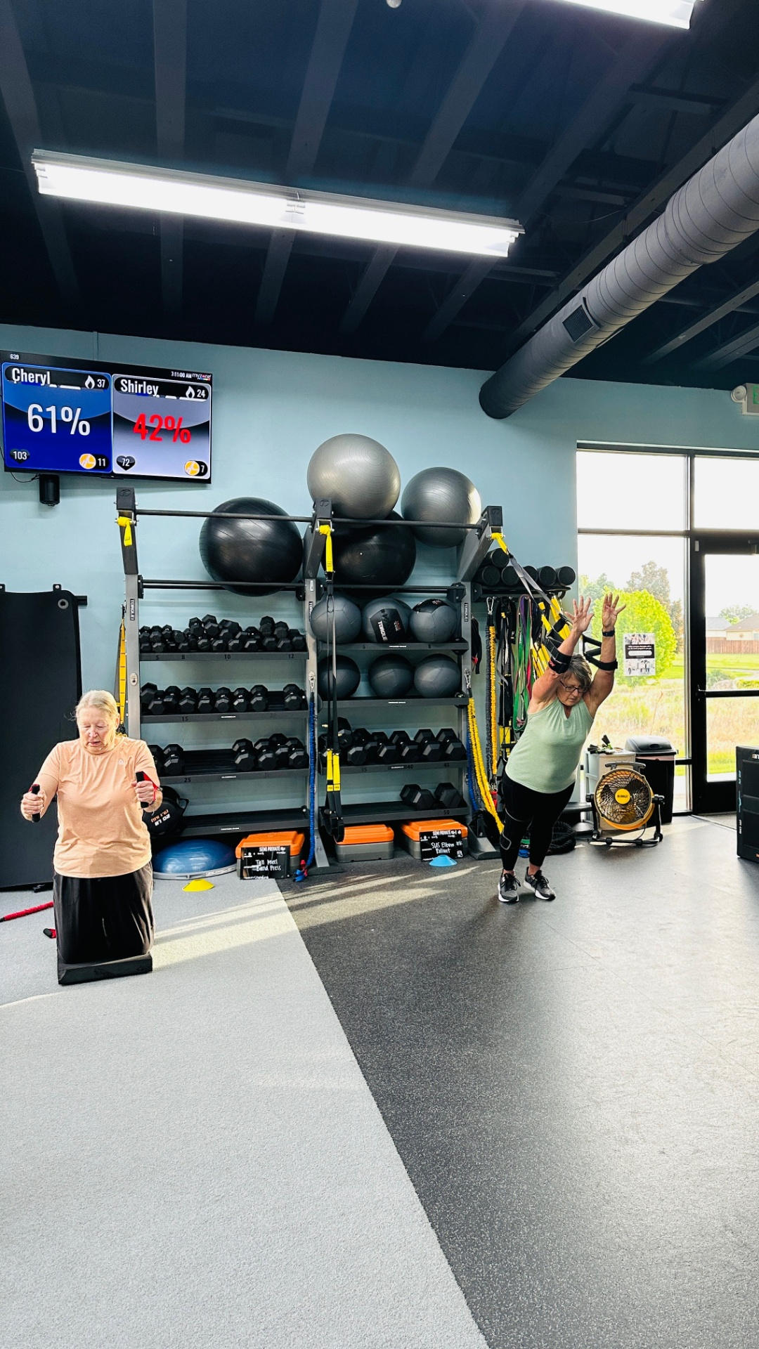 Two women exercising with fitness equipment in a gym setting